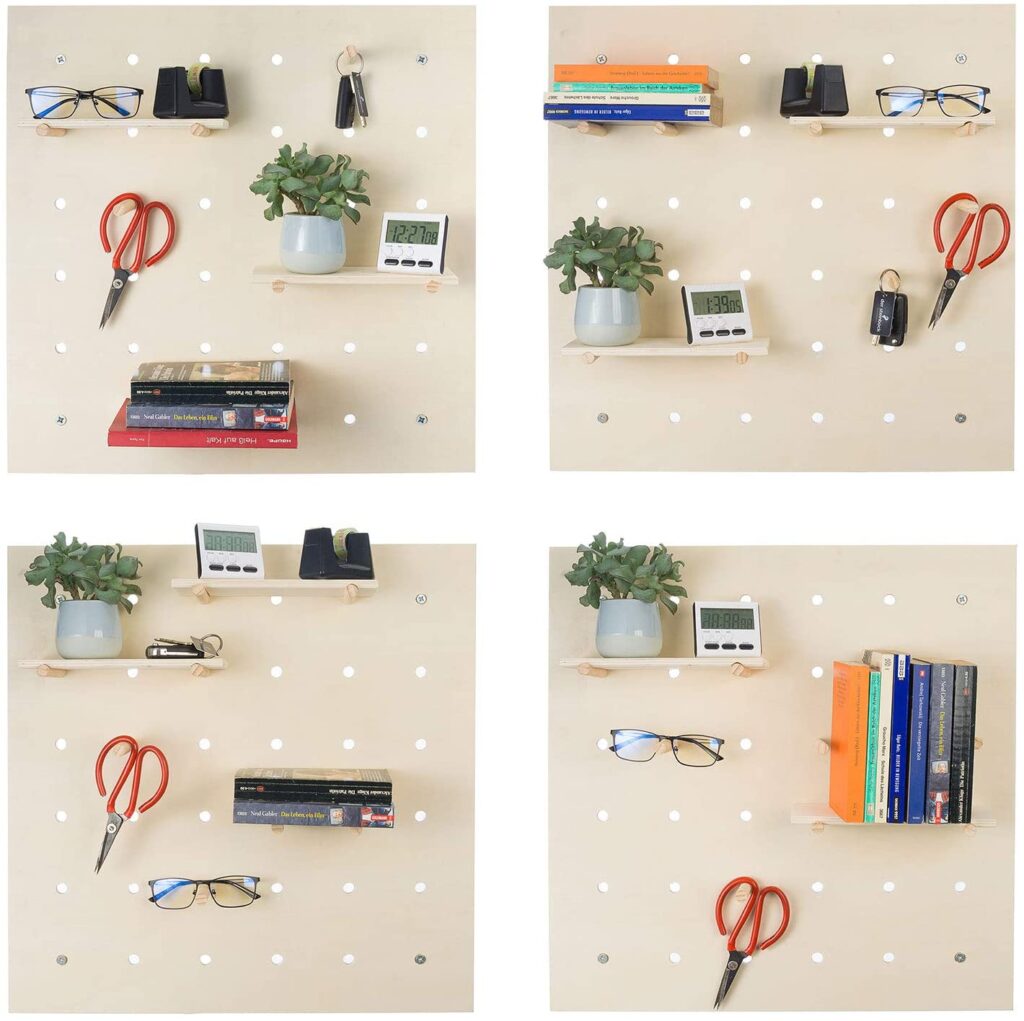 Crafts displayed on a peg board