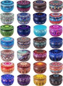 28 candle jars with colourful patterns on them