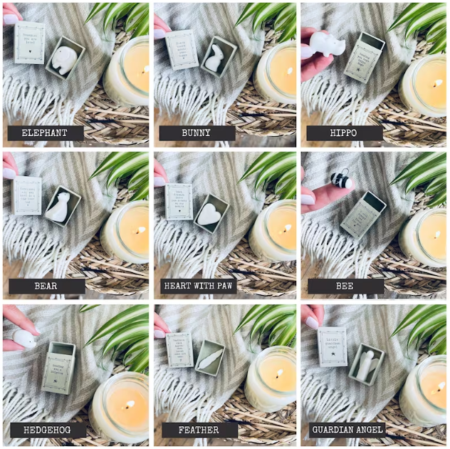 A grid of nine similar images of candles with a tag on each one stating a different animal ornament that would come with it 