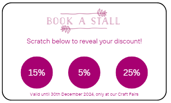 Example of scratch and reveal card with three discounts inside purple circles